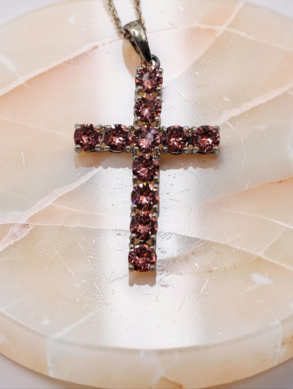 Pink Swarovski Crystal-embellished Cross Pendant Necklace Sterling Silver 18"